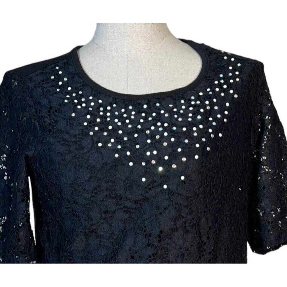 Women’s‎ Quacker Factory Lace Black T Shirt Top Embellished Size S Faux Pearl